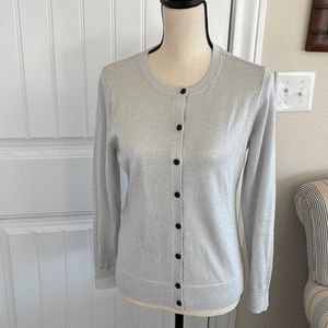 Ann Taylor MP Shimmering Silver Light Weight Cardigan with Black Buttons